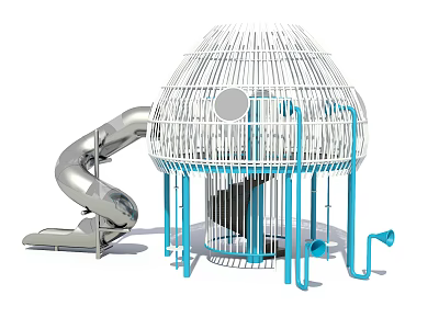 Dome Shaped Playground Equipment With White Frame Blue Pillars And Slide 3d model