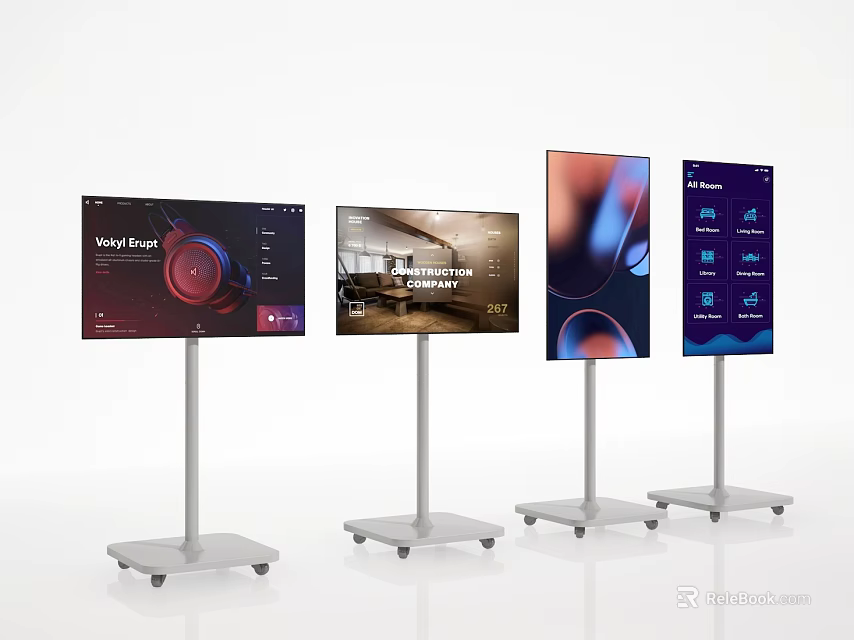 Four Modern TVs On Mobile Wheel Stands Displaying Different Screen Content 3d model