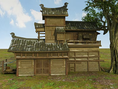 Traditional Wooden Building With Multi Story Structure Tile Roof Eaves And Large Tree 3d model