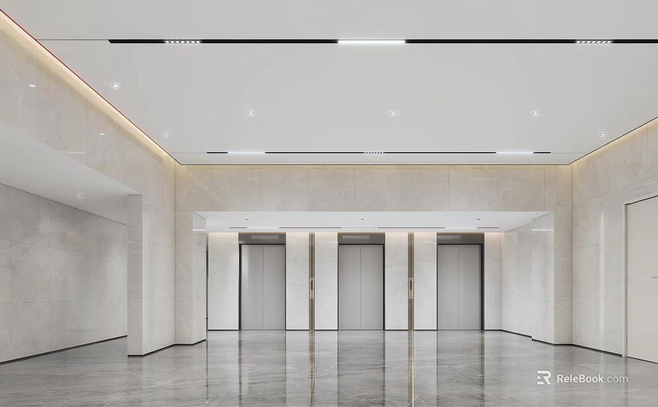 Modern Service Hall Interior With Elevators Polished Floor And Marble Walls 3d model