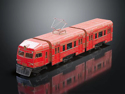 Red Two Car Tram Model With Pantograph On Top And Reflective Surface Against Black Background 3d model