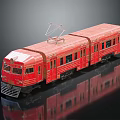Red Two Car Tram Model With Pantograph On Top And Reflective Surface Against Black Background