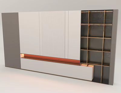 Modern Wall Design Featuring Gray Panel White Cabinet Doors Gold Framed Grid Shelves Orange Underlighting 3d model