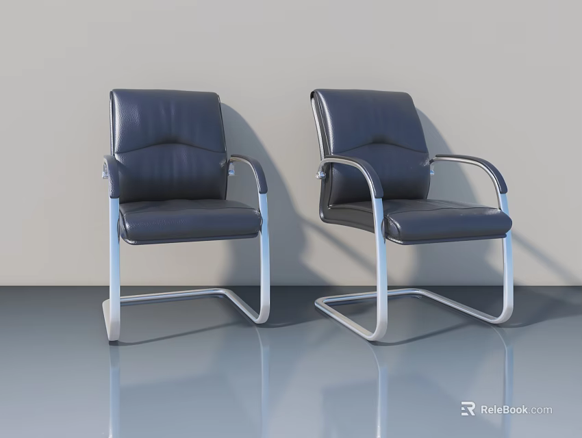 Two Black Leather Armchairs With Silver Metal Frames Against Wall On Reflective Floor 3d model