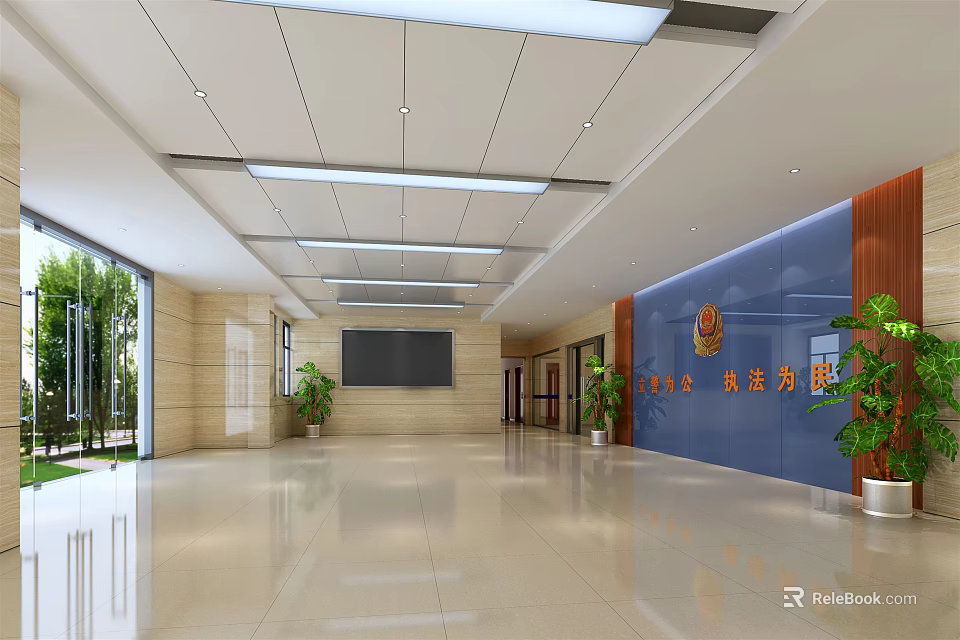 Bright Spacious Modern Public Service Hall With Marble Floor Green Plants And Service Windows 3d model 