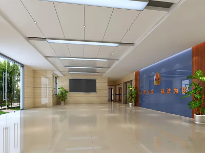 Bright Spacious Modern Public Service Hall With Marble Floor Green Plants And Service Windows 3d model