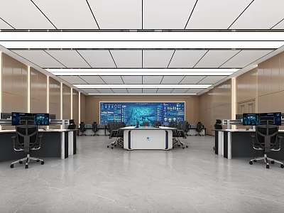 Modern Control Room Interior With Multiple Monitor Screens And Control Desks 3d model