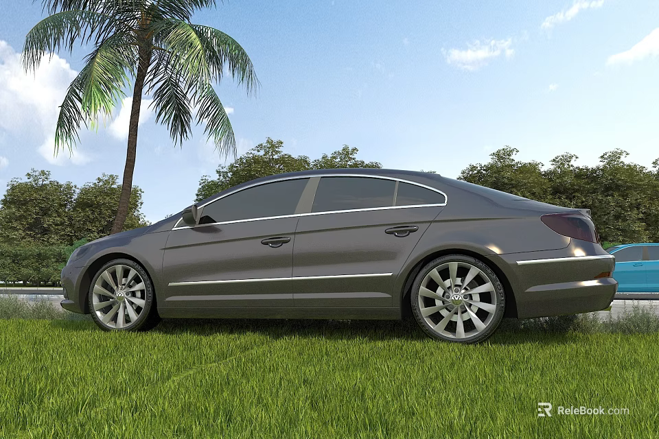 Silver Sedan Car Parked On Green Grass With Palm Tree And Blue Sky 3d model 