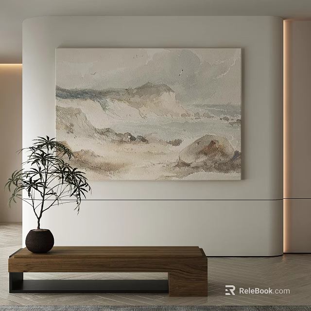 Abstract Painting In Soft Neutral Hues For Modern Interior With Wooden Table And Potted Plant 3d model 