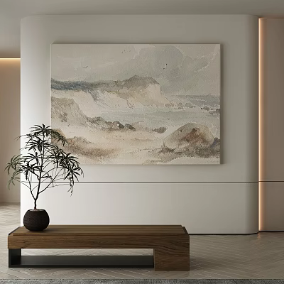 Abstract Painting In Soft Neutral Hues For Modern Interior With Wooden Table And Potted Plant 3d model