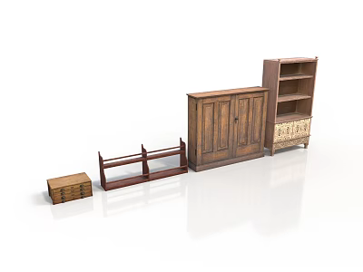 Vintage Wooden Furniture Set Featuring Cabinet Shelf Rack Chest And Bookshelf With Drawer 3d model