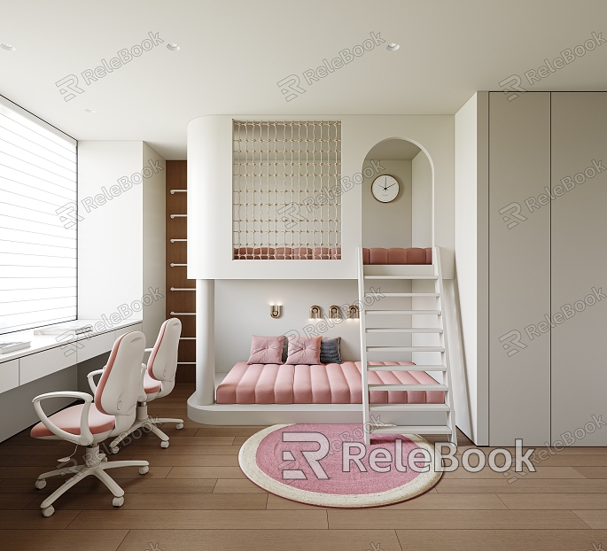 Girls Room Low Bed Computer Chair Wall Lamp Carpet model