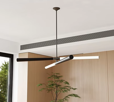 Modern Minimalist Pendant Light In Interior Space With Wooden Walls And Green Plant 3d model