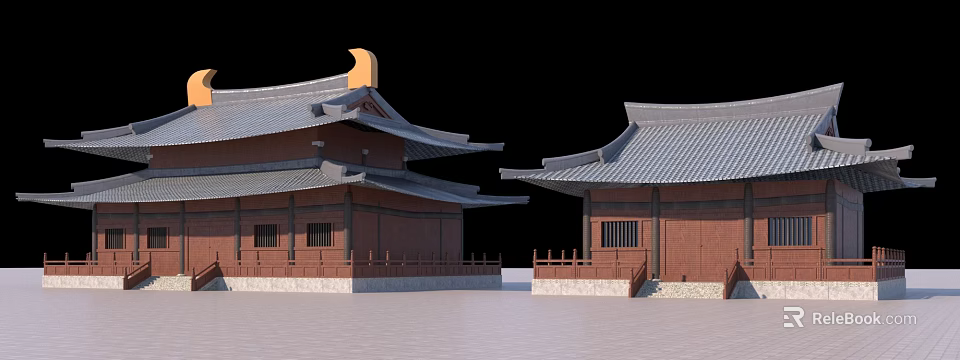 Ancient Architecture With Reddish Brown Walls Grey Tiled Roofs And Overhanging Eaves 3d model 
