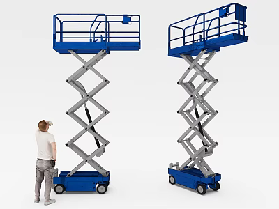 Blue Scissor Lift with Person Standing Nearby Industrial Design and Mobile Platform 3d model