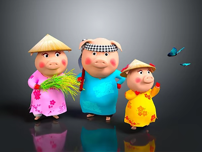 Three Pigs In Traditional Clothes Wearing Straw Hats Holding Straw With Flying Birds 3d model