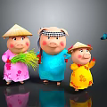 Three Pigs In Traditional Clothes Wearing Straw Hats Holding Straw With Flying Birds