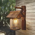 Wooden Wall Light With Bamboo Shade Warm Glow On Wooden Wall Outdoor Green Plants Background