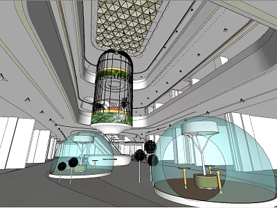 Modern Indoor Hall Design With Arched Transparent Structures Hanging Greenery And Geometric Ceiling 3d model