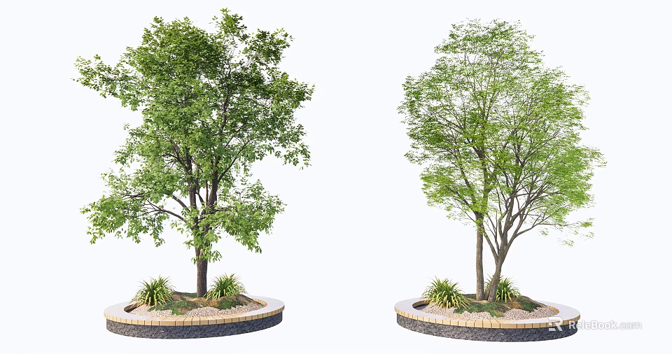 Circular Tree Pit Design With Trees And Small Plants On Brick Edge 3d model 