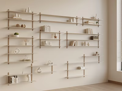 Minimalist Wooden Wall Shelves Displaying Books And Decorative Items In Room 3d model