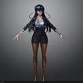 3D Character Model With Blue Long Hair Black Blazer Skirt Brown Stockings And High Heels