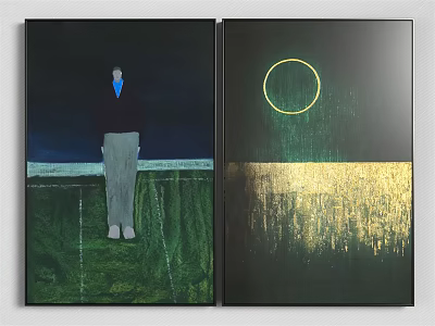 Two Panel Decorative Wall Art With Standing Figure Green Field And Gold Circle 3d model