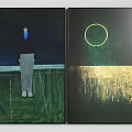 Two Panel Decorative Wall Art With Standing Figure Green Field And Gold Circle
