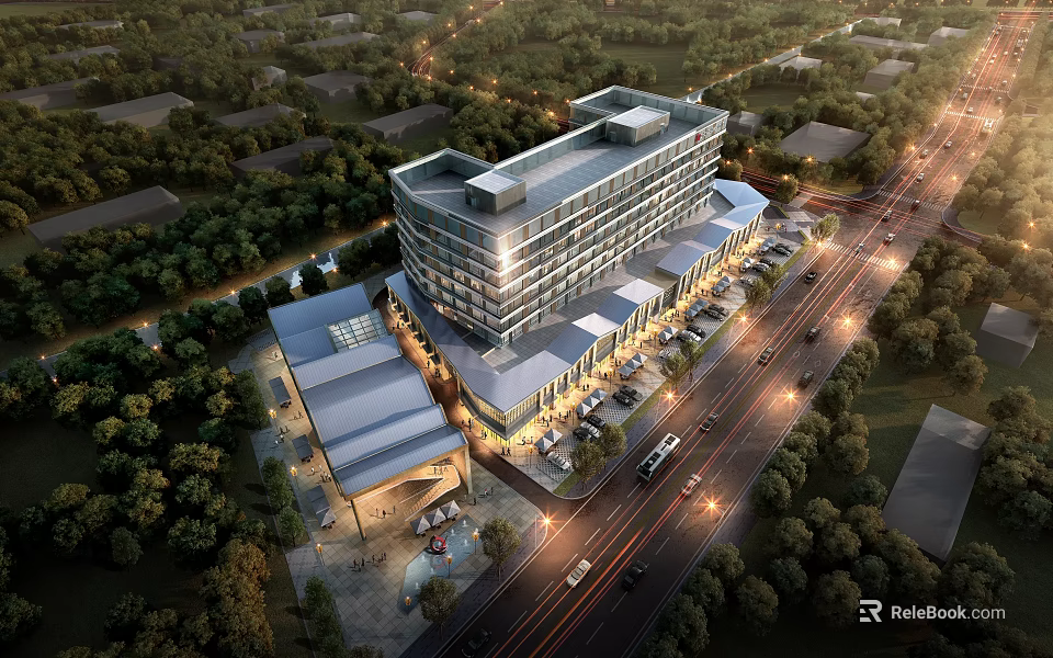 Aerial Planning of Modern Commercial Building With Surrounding Roads Trees and Parking Lots 3d model 