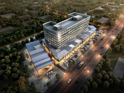 Aerial Planning of Modern Commercial Building With Surrounding Roads Trees and Parking Lots 3d model