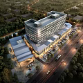 Aerial Planning of Modern Commercial Building With Surrounding Roads Trees and Parking Lots
