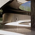 Modern Garden Landscape Featuring Curved Entrance Sculpted Pine Trees And Water Surface