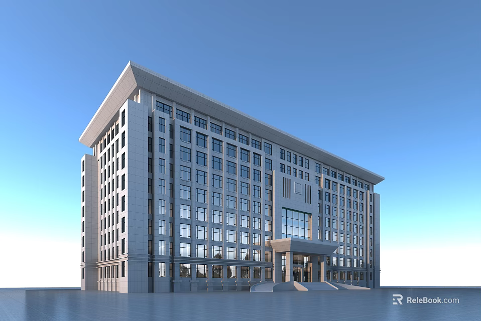 Modern Office Building With Glass Curtain Wall Multi story Structure And Front Entrance 3d model 