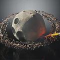 Dramatic Moon Scene With Craters Orbiting Debris Ring And Flaming Spacecraft 3d model