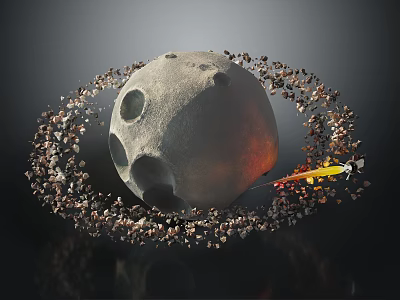 Dramatic Moon Scene With Craters Orbiting Debris Ring And Flaming Spacecraft 3d model