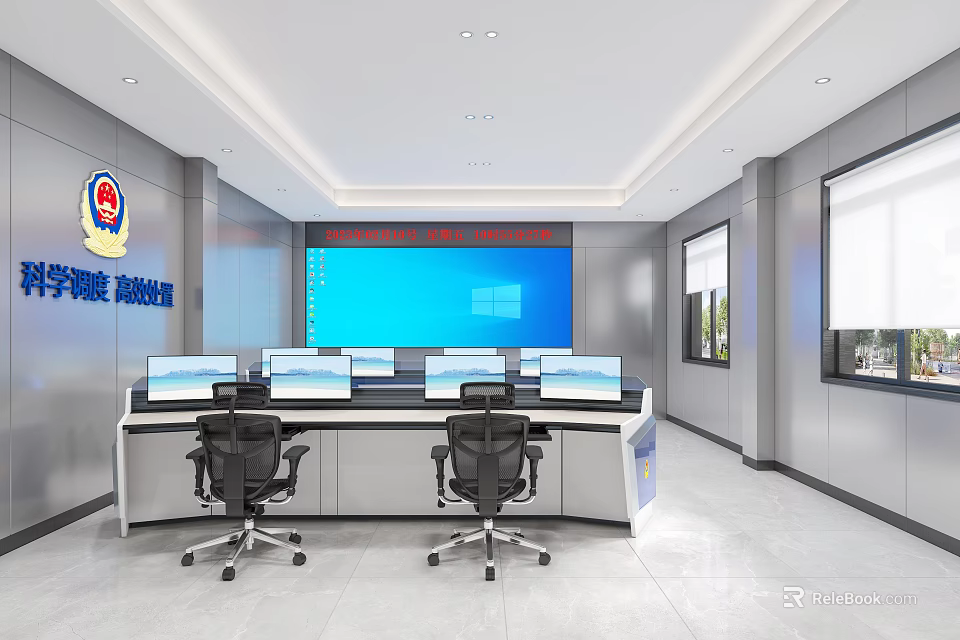 College Monitoring Room With Multiple Computer Monitors Control Desk And Wall Logo 3d model 