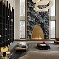 Modern Living Dining Room Design With Marble Wall Large Window Green View Unique Chandelier
