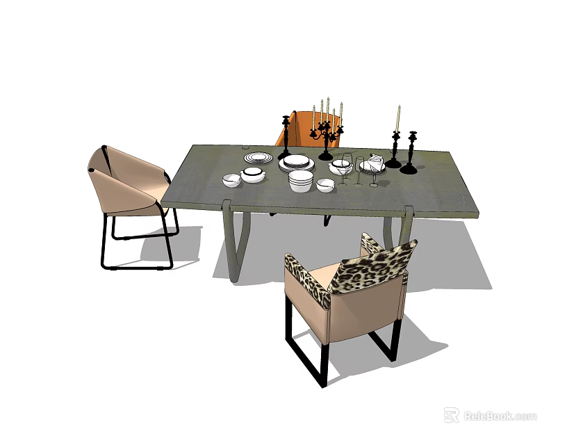 Modern Dining Table Set With Leopard Print Chairs Tableware And Candle Holders 3d model