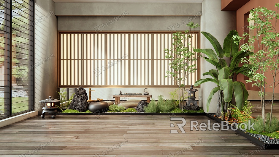 Japanese-style indoor plants landscaping courtyard sketch tea room tea table and chair plant pile stone model