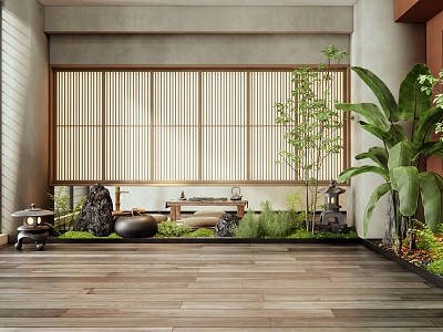 Japanese-style indoor plants landscaping courtyard sketch tea room tea table and chair plant pile stone model