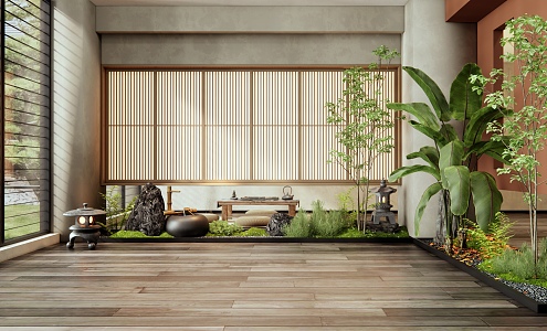 Japanese-style indoor plants landscaping courtyard sketch tea room tea table and chair plant pile stone 3d model