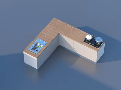 L Shaped Kitchen Counter With Wooden Top White Cabinets Sink And Stove 3d model
