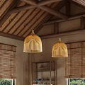 Rustic Teahouse With Wooden Roof Bamboo Blinds Long Wooden Table Stools And Green Plants Outside