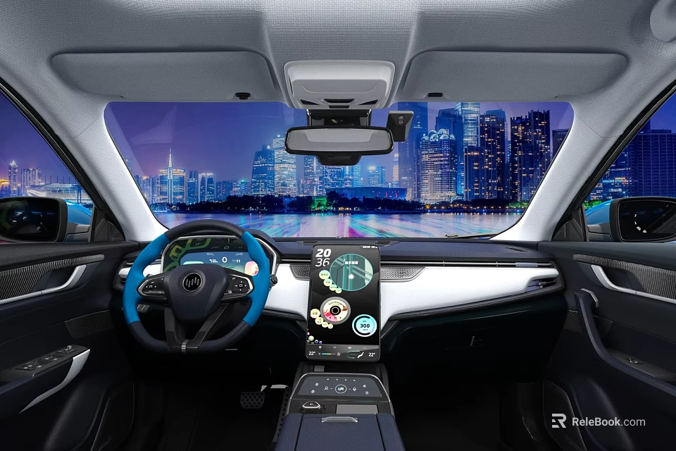 Modern Car Interior With Steering Wheel Dashboard And City Night View 3d model 