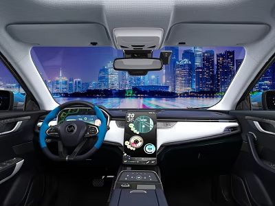 Modern Car Interior With Steering Wheel Dashboard And City Night View 3d model