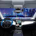 Modern Car Interior With Steering Wheel Dashboard And City Night View 3d model