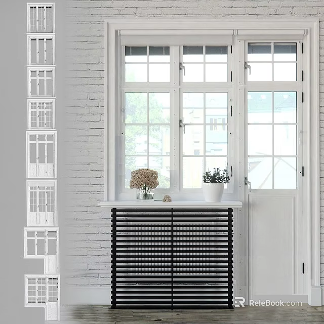 Modern Casement Windows In White Brick Wall With Window Sill And Green Plants 3d model 