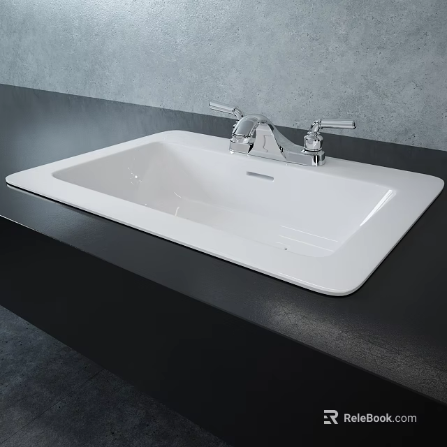 White Ceramic Washbasin with Silver Faucet on Black Countertop Modern Design 3d model 