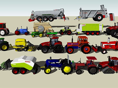 Various Colored Agricultural Utility Vehicles Including Tractors Trailers And Harvesters 3d model