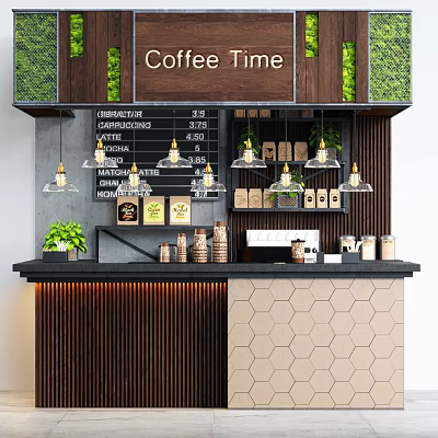Modern Functional Coffee Bar with Green Plants Menu Board Pendant Lights and Hexagonal Tiles 3d model